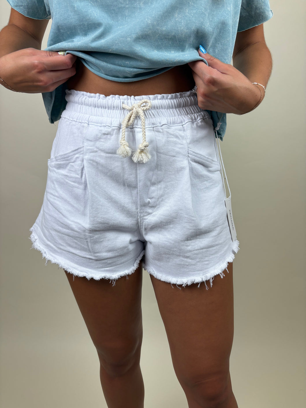Drawstring High Waisted Denim Shorts ~ White