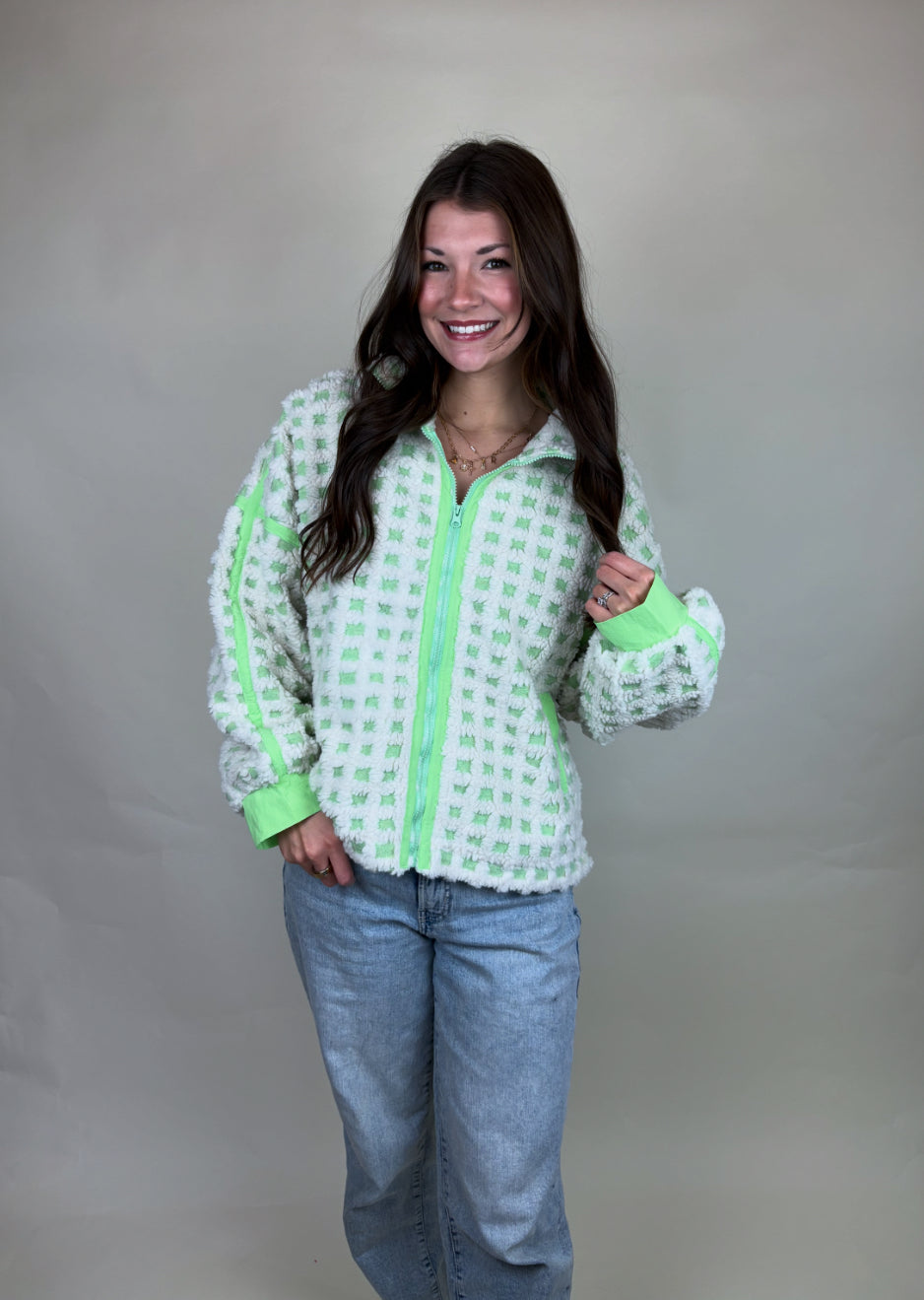 Oversized Checkered Fleece Jacket
