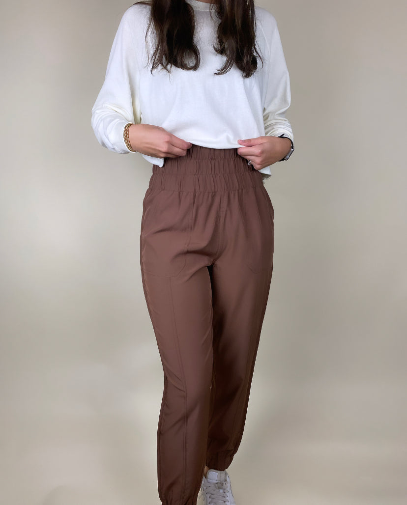 Everyday High Rise Jogger Pants- Brown