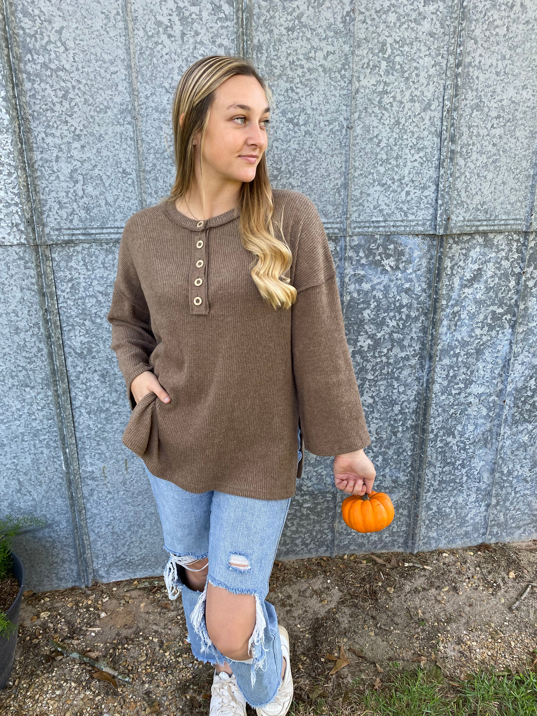 Ribbed Henley Sweater ~ Mocha