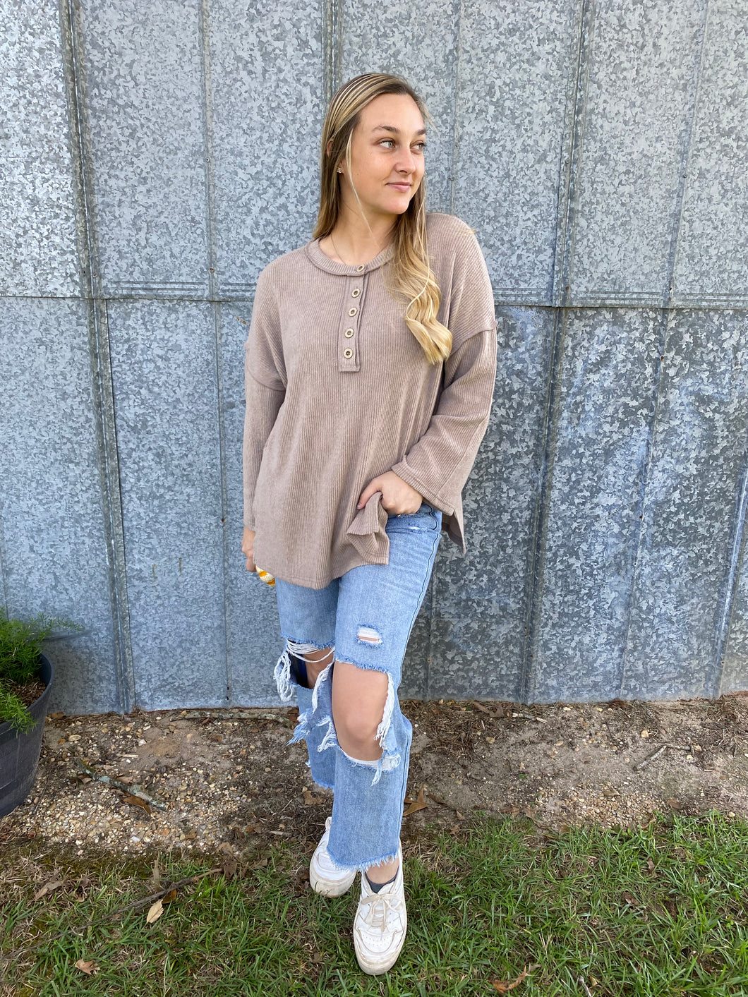 Ribbed Henley Sweater ~ Beige