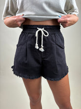 Load image into Gallery viewer, Drawstring High Waisted Denim Shorts ~ Black
