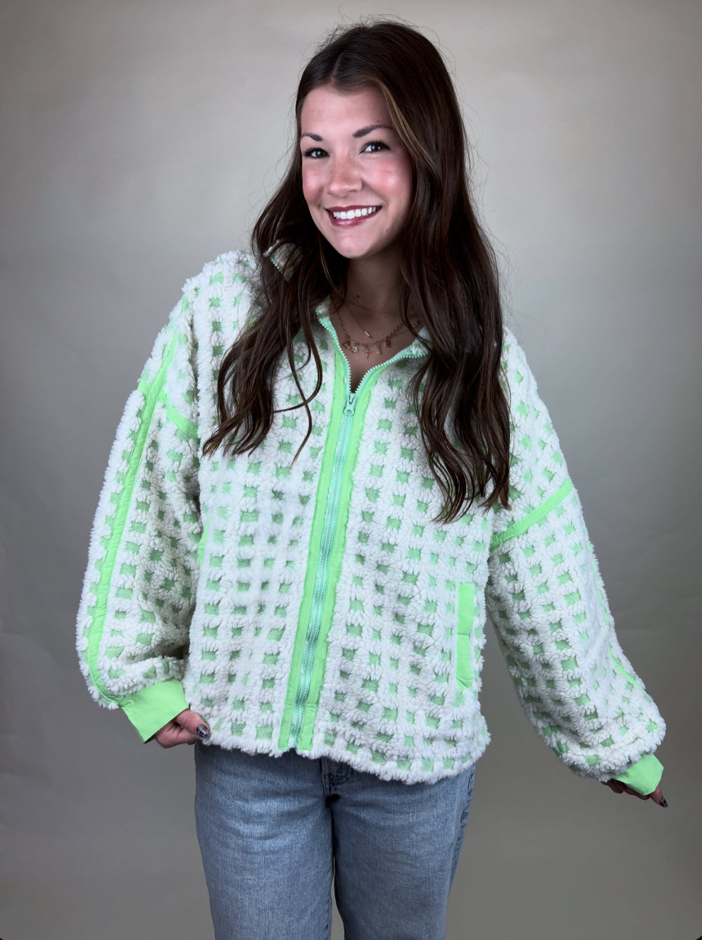 Oversized Checkered Fleece Jacket