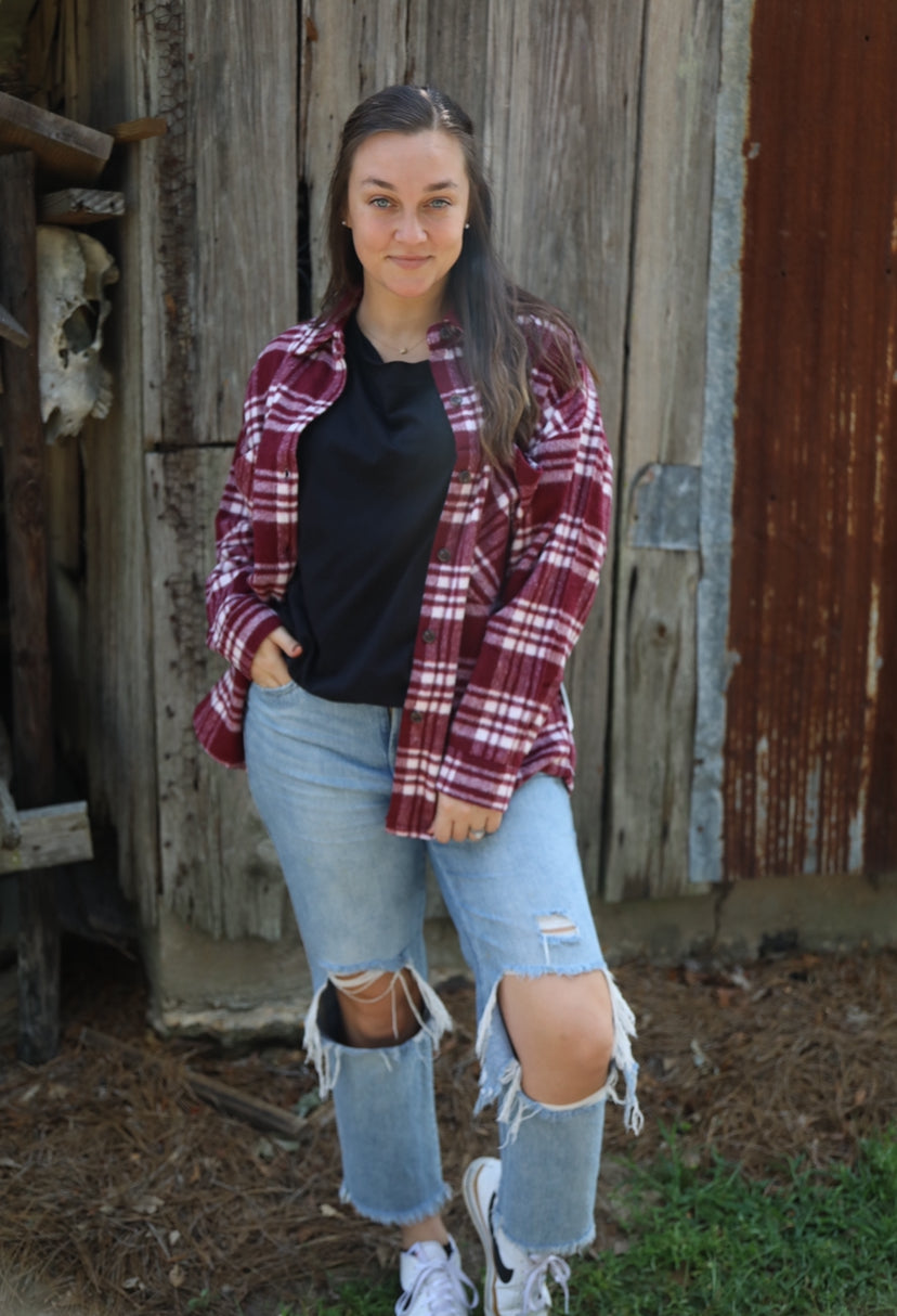 Oversized Plaid Jacket ~ burgundy/ivory