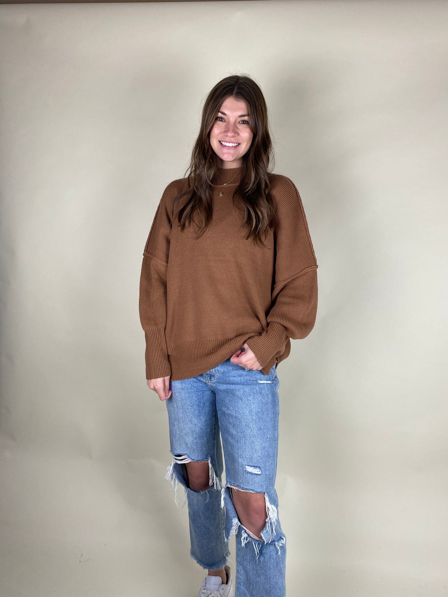 Side Slit Oversized Camel Sweater