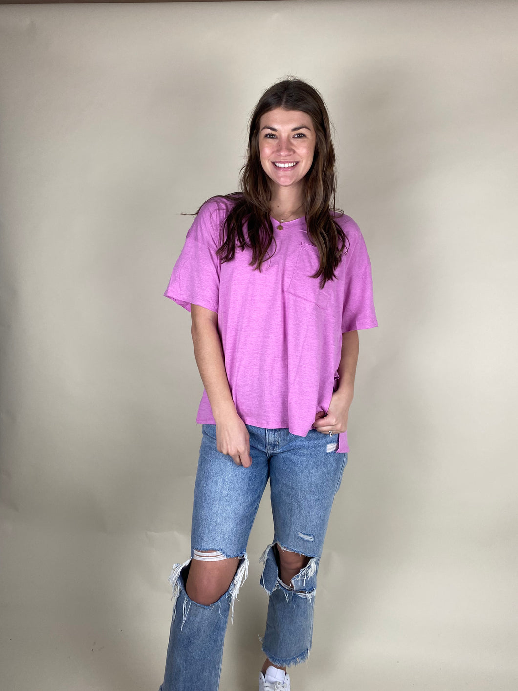 Front Pocket Raw Edge Boyfriend Tee ~ Mauve