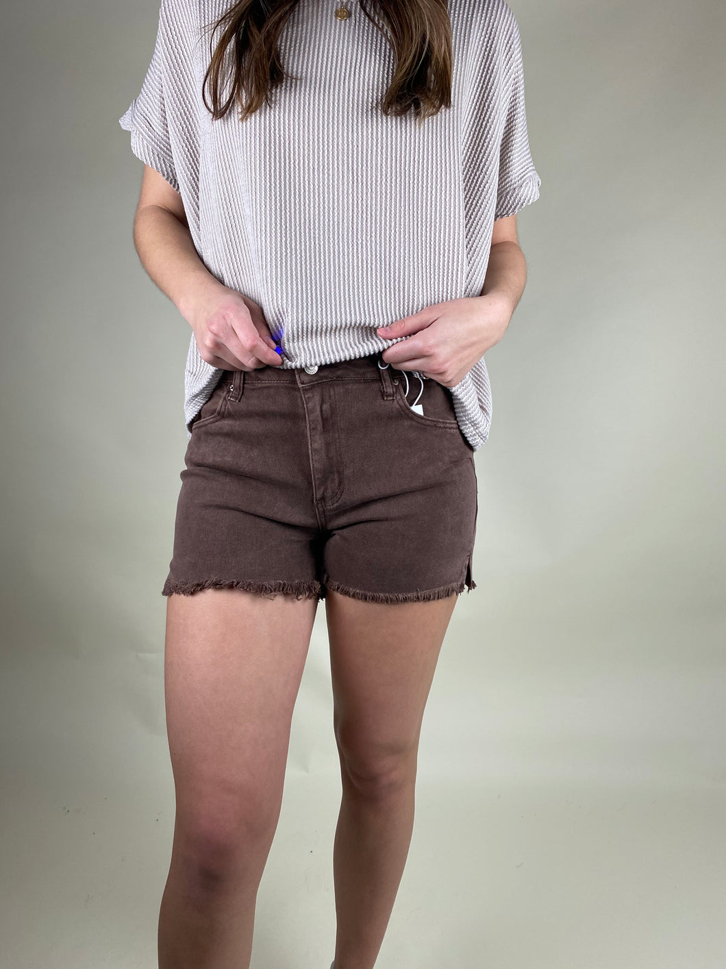 Acid Washed Frayed Shorts ~ Brown