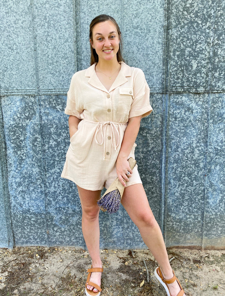 Oatmeal Button Down Romper with Pockets