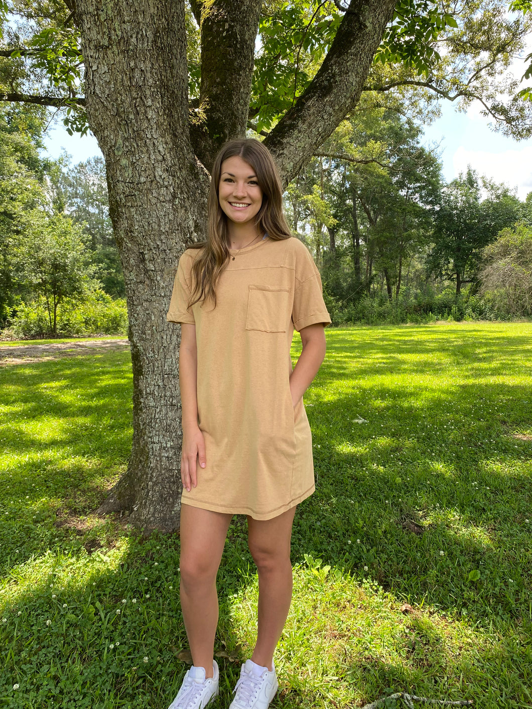 Tan T-shirt Dress with Pockets